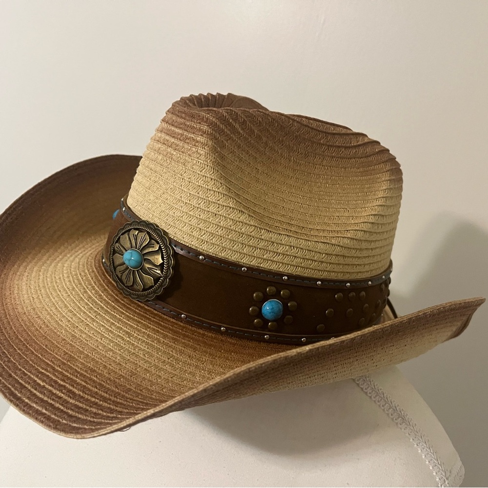 Peter Grimm Tan and Brown Western Hat with Turquoise Details - Picture 5 of 8